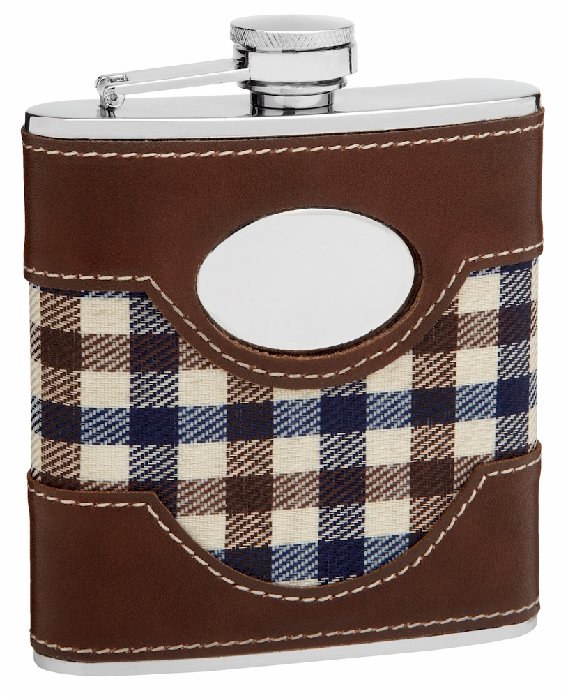 ''Faux LEATHER and Cloth Hip Flask Holding 6 oz - Plaid Golf Design - Pocket Size, Stainless Steel, R